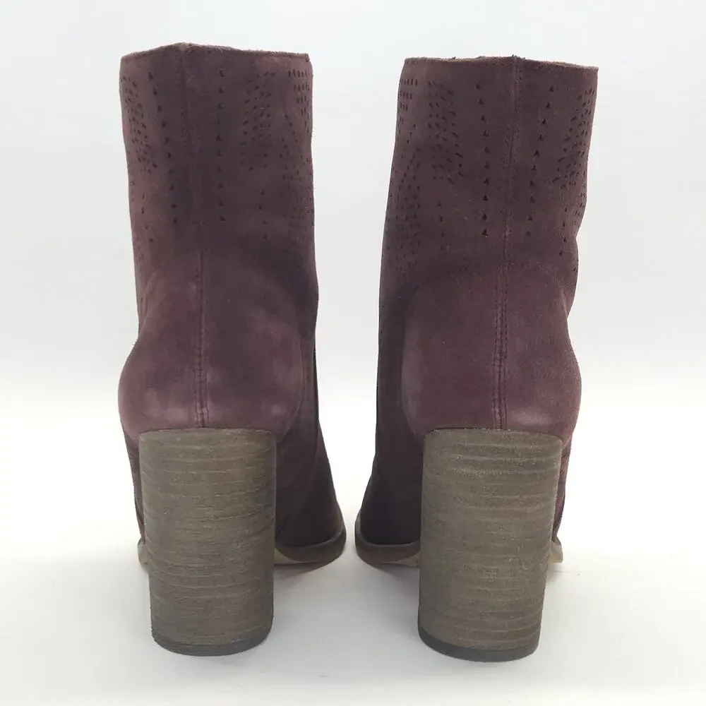 Vince Camuto Ankle Bootie 7.5 Block Heel Burgundy Suede Boho Winter Work 3.5